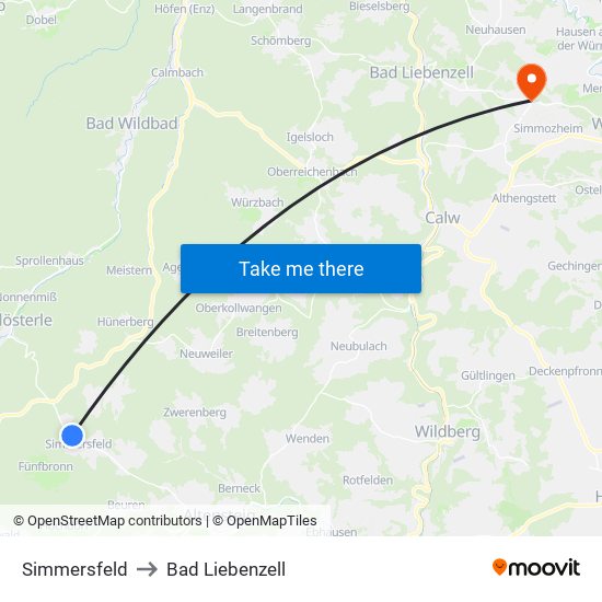 Simmersfeld to Bad Liebenzell map