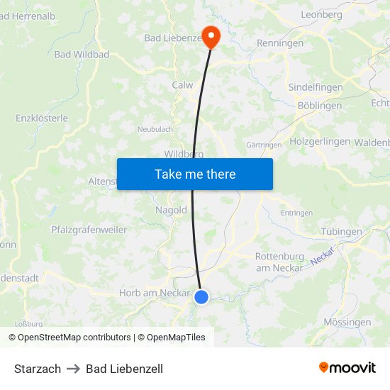 Starzach to Bad Liebenzell map