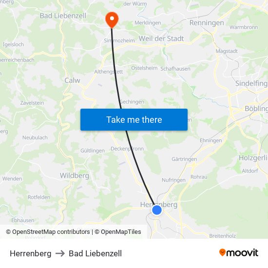 Herrenberg to Bad Liebenzell map