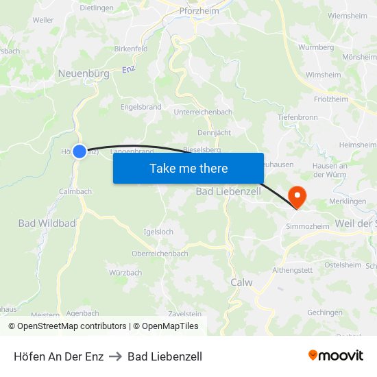 Höfen An Der Enz to Bad Liebenzell map