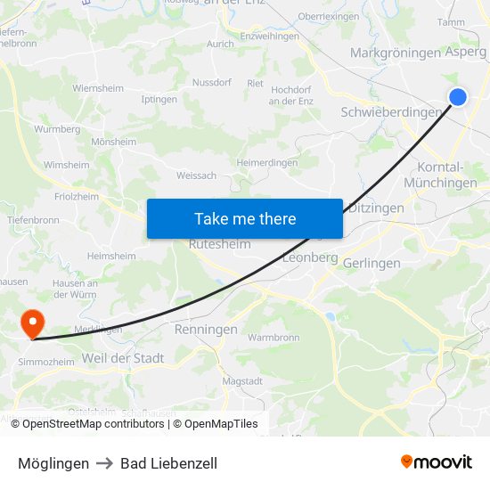 Möglingen to Bad Liebenzell map