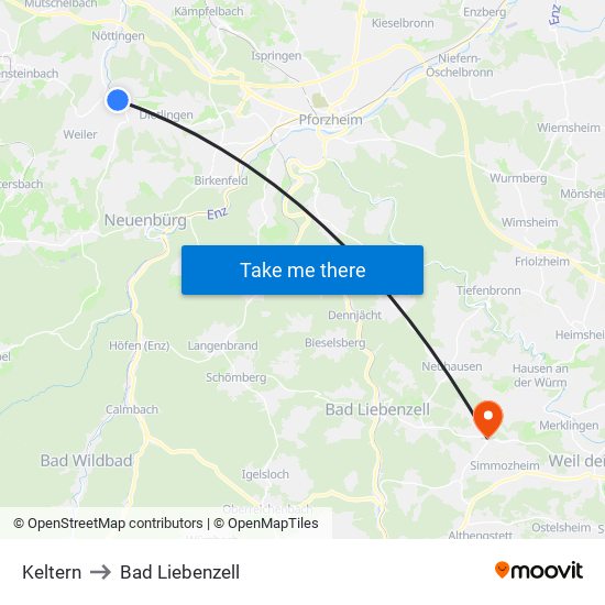 Keltern to Bad Liebenzell map