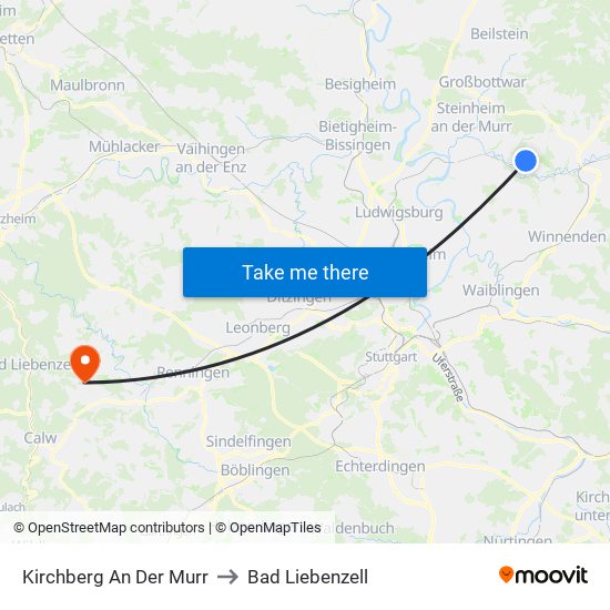 Kirchberg An Der Murr to Bad Liebenzell map