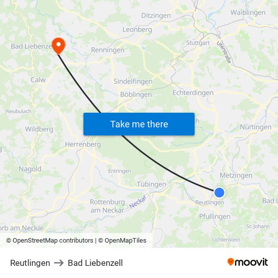 Reutlingen to Bad Liebenzell map