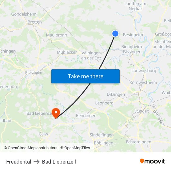 Freudental to Bad Liebenzell map