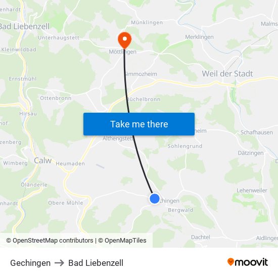 Gechingen to Bad Liebenzell map