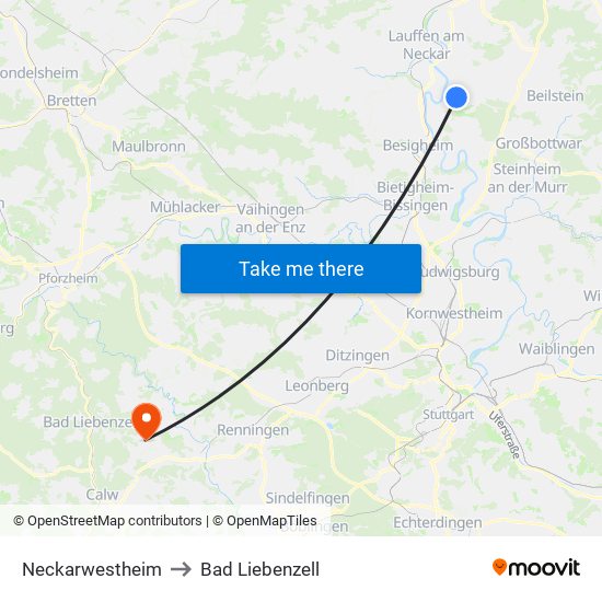 Neckarwestheim to Bad Liebenzell map