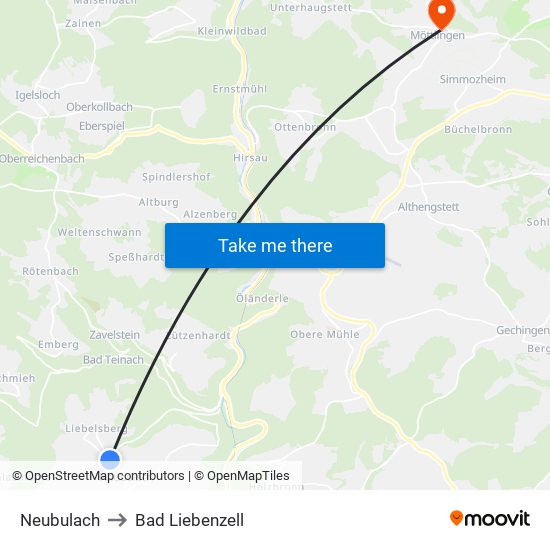 Neubulach to Bad Liebenzell map