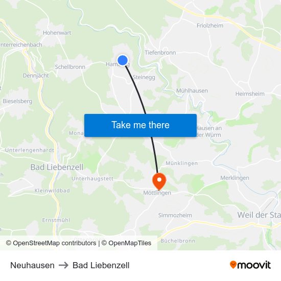 Neuhausen to Bad Liebenzell map