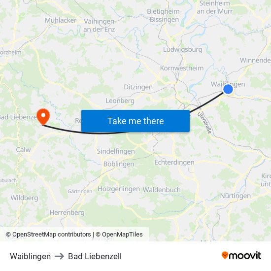 Waiblingen to Bad Liebenzell map