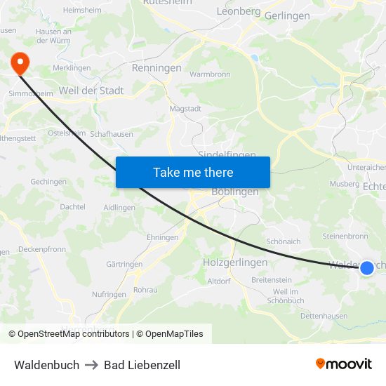 Waldenbuch to Bad Liebenzell map