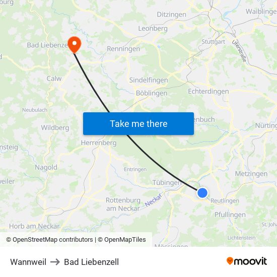 Wannweil to Bad Liebenzell map