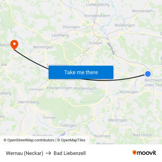 Wernau (Neckar) to Bad Liebenzell map