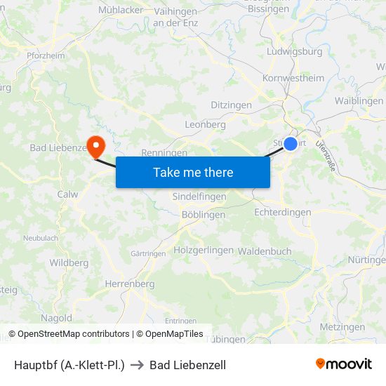 Hauptbf (A.-Klett-Pl.) to Bad Liebenzell map
