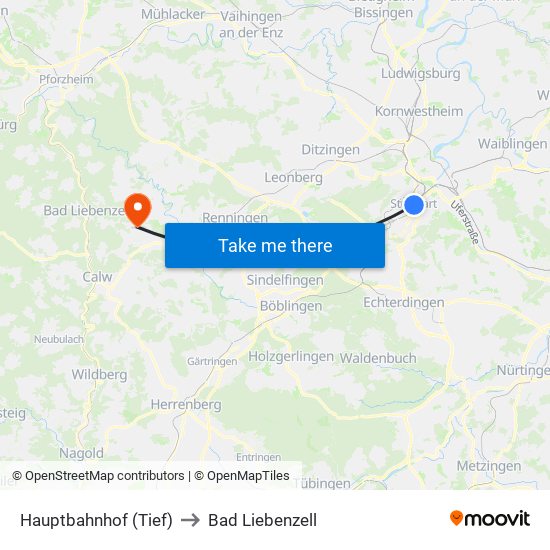 Hauptbahnhof (Tief) to Bad Liebenzell map