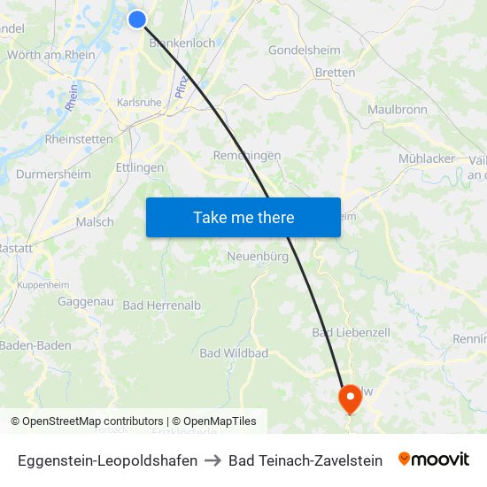 Eggenstein-Leopoldshafen to Bad Teinach-Zavelstein map