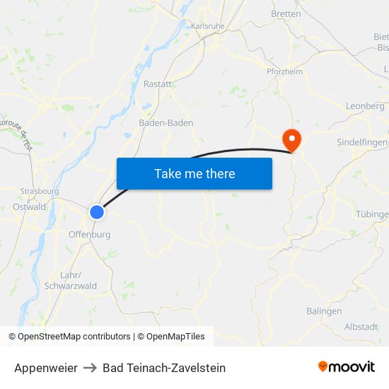 Appenweier to Bad Teinach-Zavelstein map