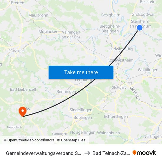 Gemeindeverwaltungsverband Steinheim-Murr to Bad Teinach-Zavelstein map