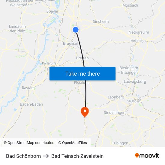 Bad Schönborn to Bad Teinach-Zavelstein map