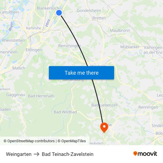 Weingarten to Bad Teinach-Zavelstein map