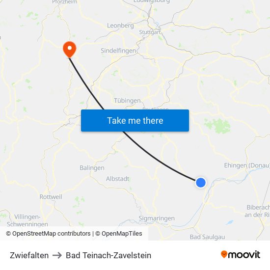 Zwiefalten to Bad Teinach-Zavelstein map