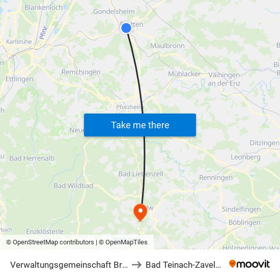 Verwaltungsgemeinschaft Bretten to Bad Teinach-Zavelstein map