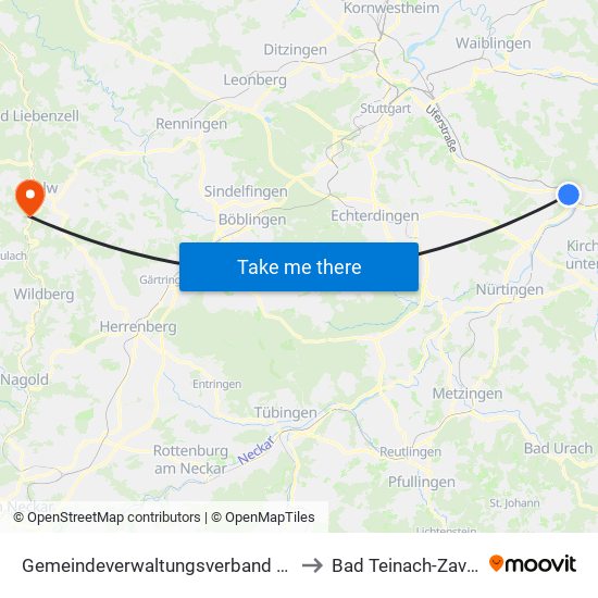 Gemeindeverwaltungsverband Plochingen to Bad Teinach-Zavelstein map