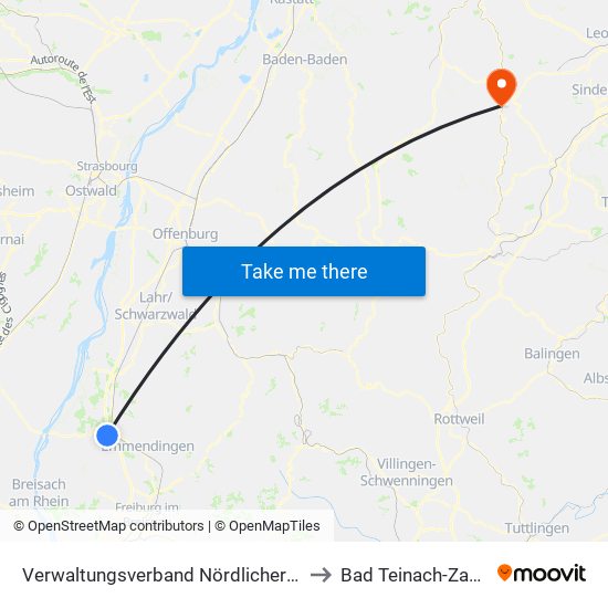 Verwaltungsverband Nördlicher Kaiserstuhl to Bad Teinach-Zavelstein map