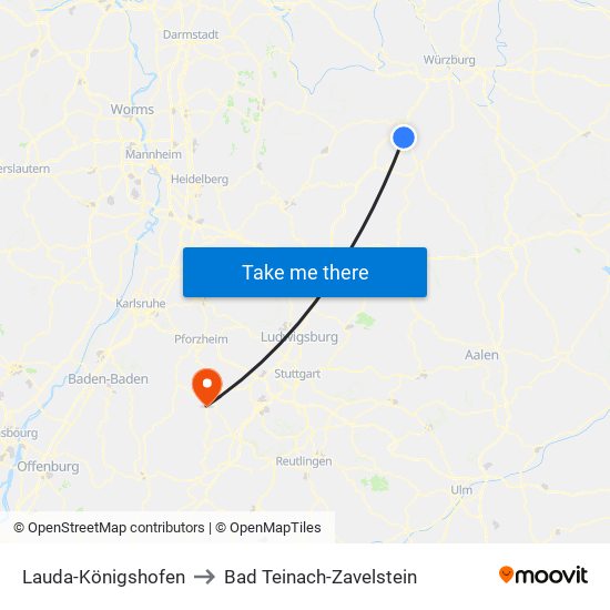 Lauda-Königshofen to Bad Teinach-Zavelstein map