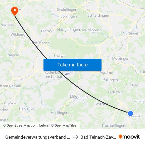 Gemeindeverwaltungsverband Engstingen to Bad Teinach-Zavelstein map