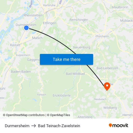 Durmersheim to Bad Teinach-Zavelstein map