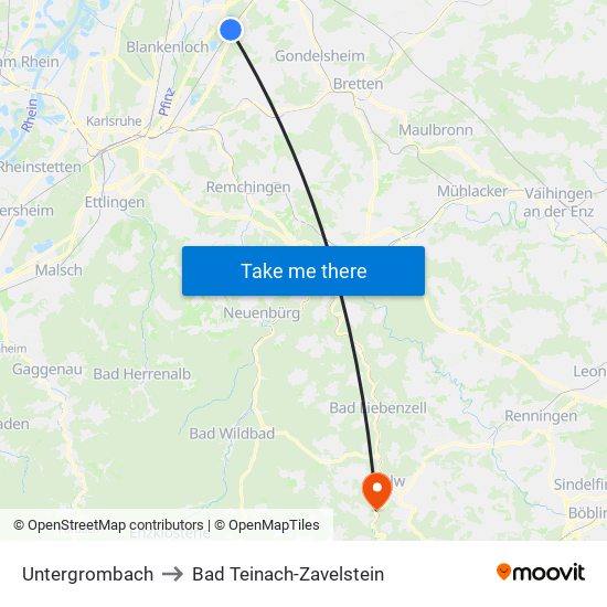 Untergrombach to Bad Teinach-Zavelstein map