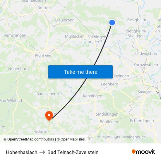 Hohenhaslach to Bad Teinach-Zavelstein map
