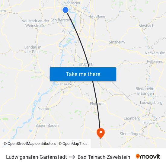 Ludwigshafen-Gartenstadt to Bad Teinach-Zavelstein map