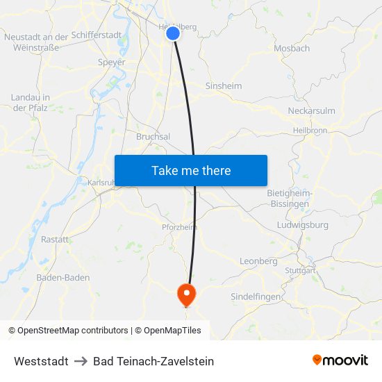 Weststadt to Bad Teinach-Zavelstein map