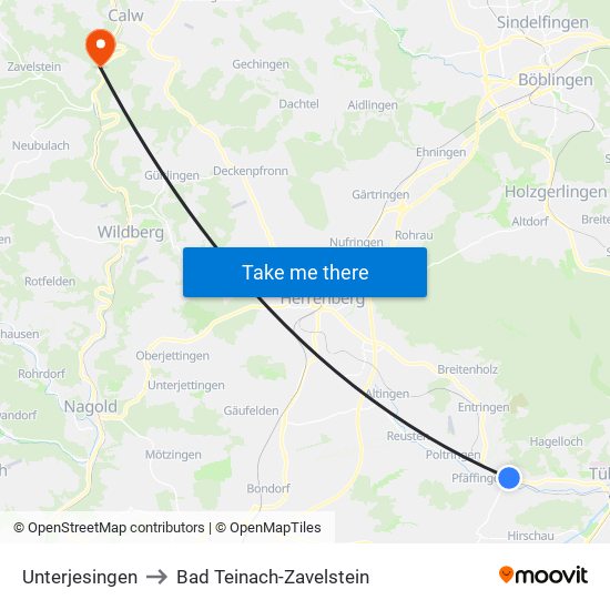 Unterjesingen to Bad Teinach-Zavelstein map