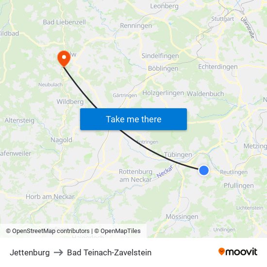 Jettenburg to Bad Teinach-Zavelstein map