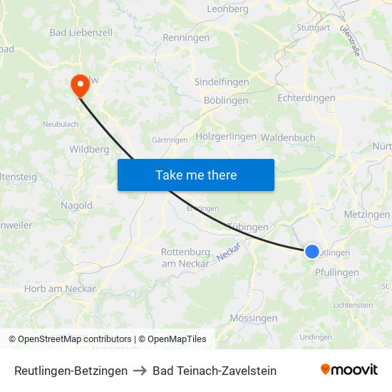 Reutlingen-Betzingen to Bad Teinach-Zavelstein map