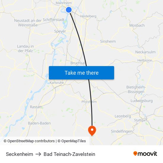 Seckenheim to Bad Teinach-Zavelstein map