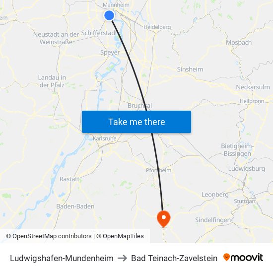 Ludwigshafen-Mundenheim to Bad Teinach-Zavelstein map