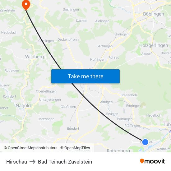 Hirschau to Bad Teinach-Zavelstein map