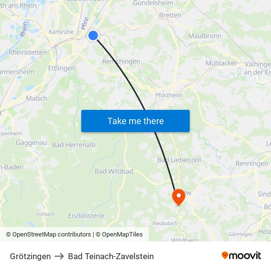 Grötzingen to Bad Teinach-Zavelstein map