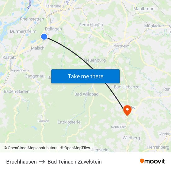 Bruchhausen to Bad Teinach-Zavelstein map