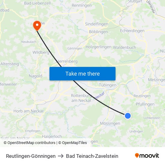 Reutlingen-Gönningen to Bad Teinach-Zavelstein map