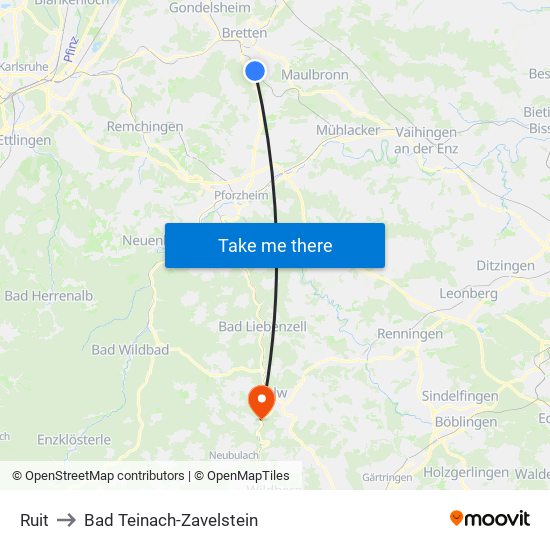 Ruit to Bad Teinach-Zavelstein map