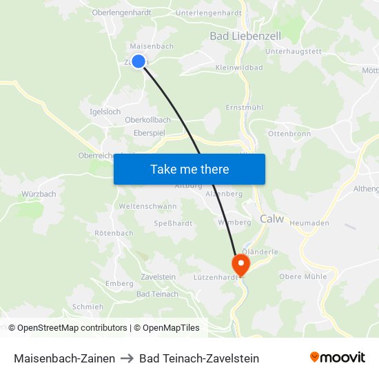 Maisenbach-Zainen to Bad Teinach-Zavelstein map