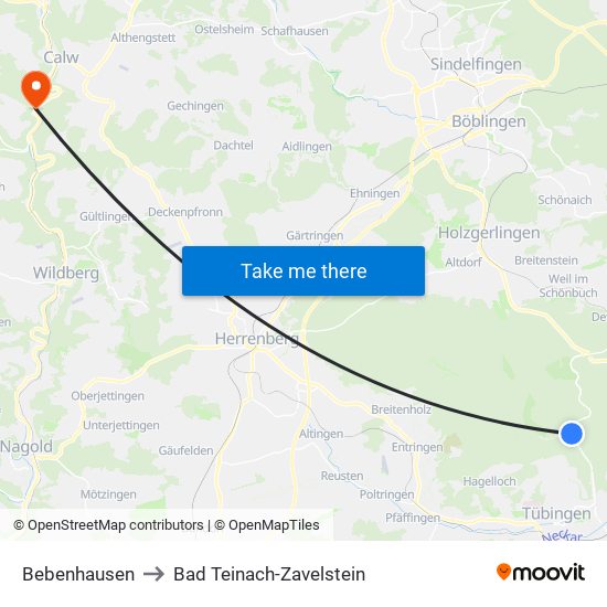 Bebenhausen to Bad Teinach-Zavelstein map