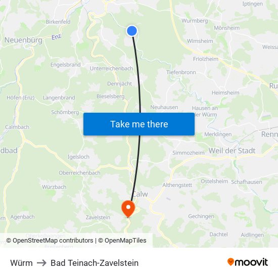 Würm to Bad Teinach-Zavelstein map
