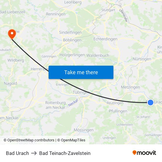 Bad Urach to Bad Teinach-Zavelstein map