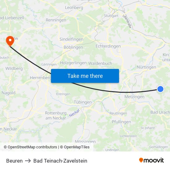 Beuren to Bad Teinach-Zavelstein map